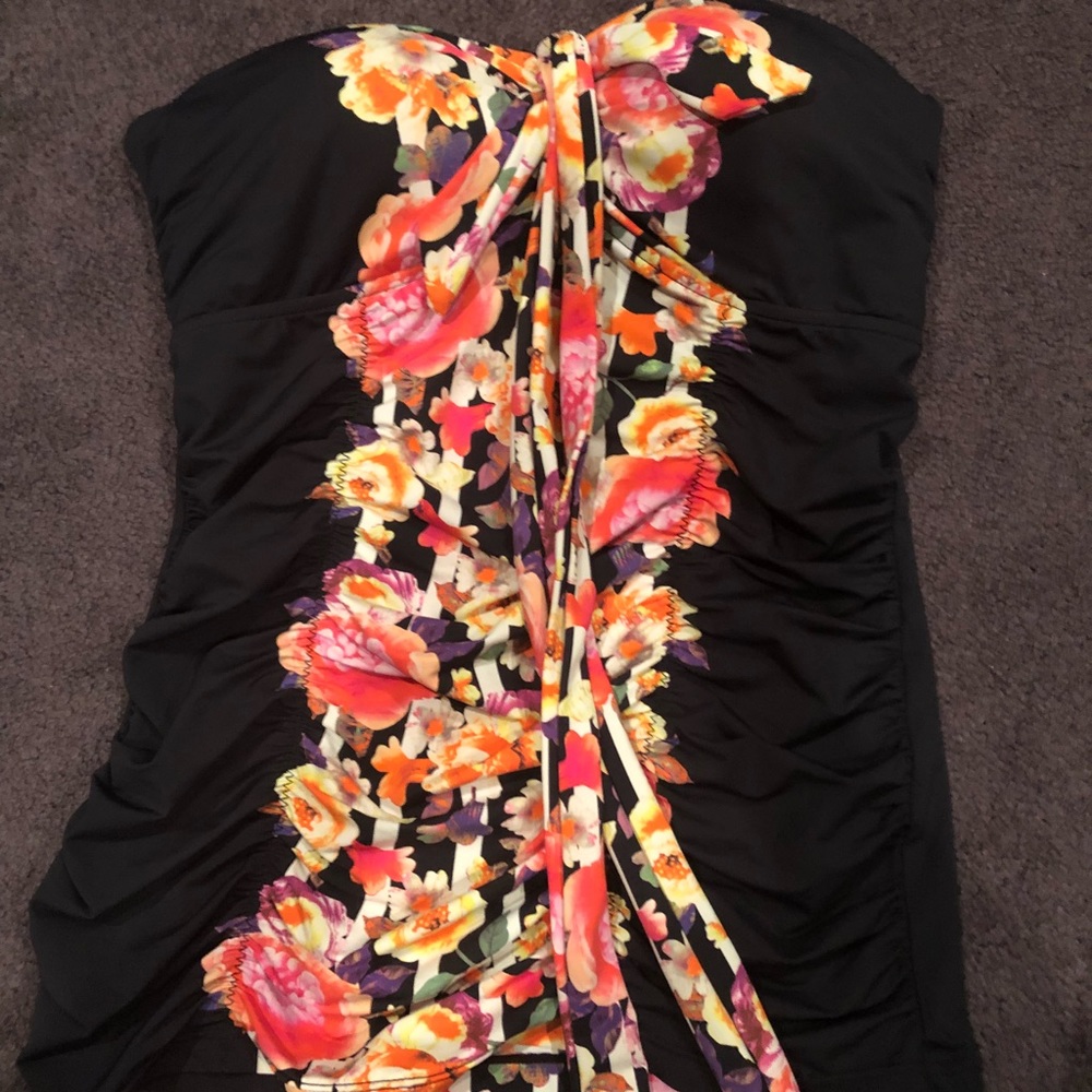 Anthropologie Black Floral Bandeau Bikini Top with Multicolor Floral Trim
